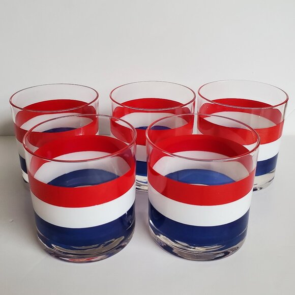 Vintage Low Ball Rocks Drinking Glasses Red White & Blue Striped 5pcs Barware - Picture 1 of 7